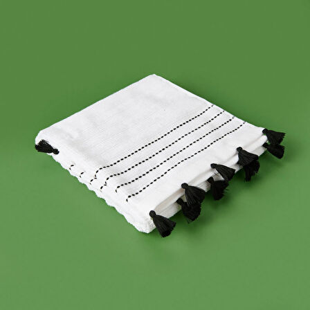 Soft Püsküllü Ayak Havlusu - Beyaz / Siyah - 50x70 cm