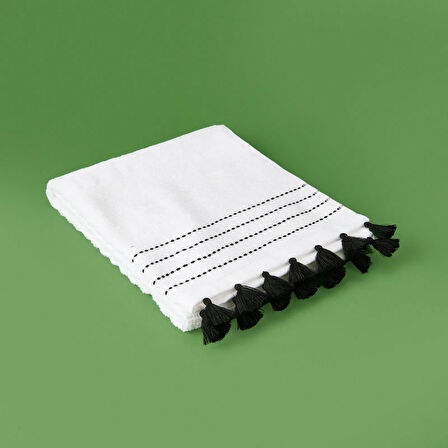 Soft Püsküllü Yüz Havlusu - Beyaz / Siyah - 50x90 cm