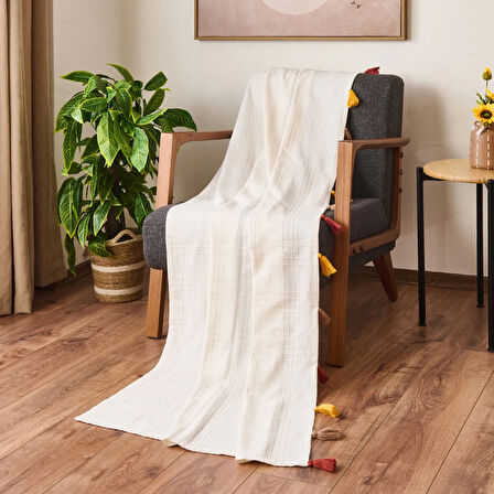 Soft Püsküllü Koltuk Örtüsü - Ekru - 90x210 cm