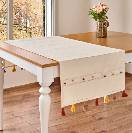 Soft Boncuklu Runner - Ekru - 50x130 cm
