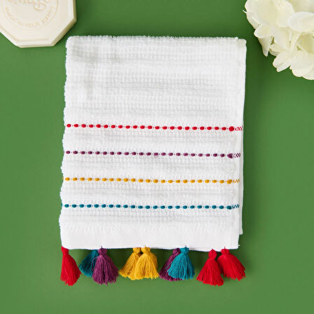 Soft Püsküllü El Havlusu - Beyaz / Renkli - 30x50 cm