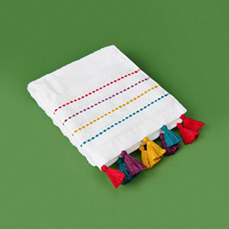 Soft Püsküllü El Havlusu - Beyaz / Renkli - 30x50 cm