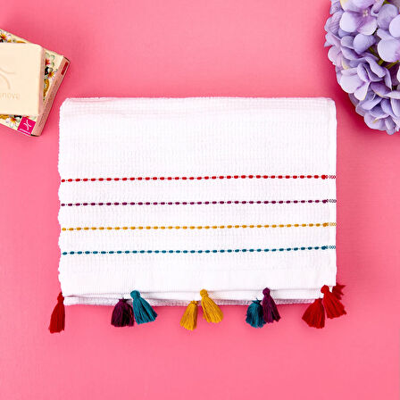 Soft Püsküllü Yüz Havlusu - Beyaz / Renkli - 50x90 cm