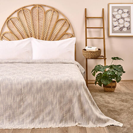 Soft Çift Kişilik Çizgili Yatak Örtüsü - Gri - 225x250 cm