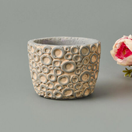 Halka Desenli Beton Saksı - Krem - 7x9 cm