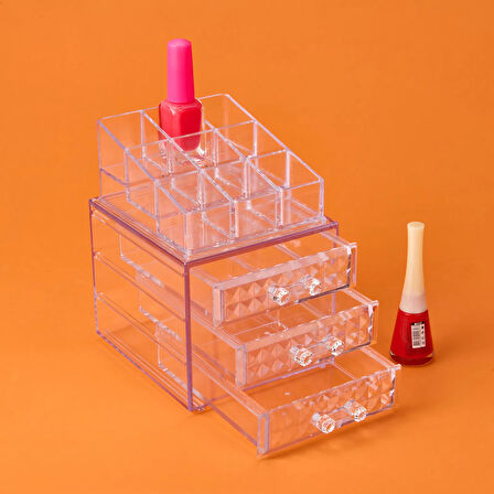 Living Diamond 3 Çekmeceli Takı ve Makyaj Organizeri - Şeffaf - 15x13x18 cm