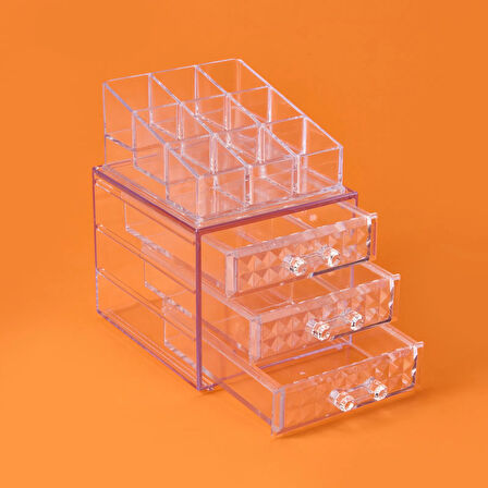 Living Diamond 3 Çekmeceli Takı ve Makyaj Organizeri - Şeffaf - 15x13x18 cm