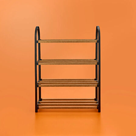 Ahşap Çubuklu 4 Katlı Masif Ayakkabılık - Siyah - 63x62x18 cm