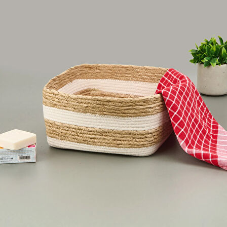 Living Boho Style Büyük Kağıt İp Sepet - Bej / Beyaz - 28x28x14 cm