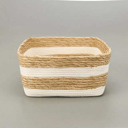 Living Boho Style Büyük Kağıt İp Sepet - Bej / Beyaz - 28x28x14 cm