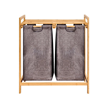 2 Bölmeli Bambu Kirli Çamaşır Sepeti - Gri / Bej - 74 cm