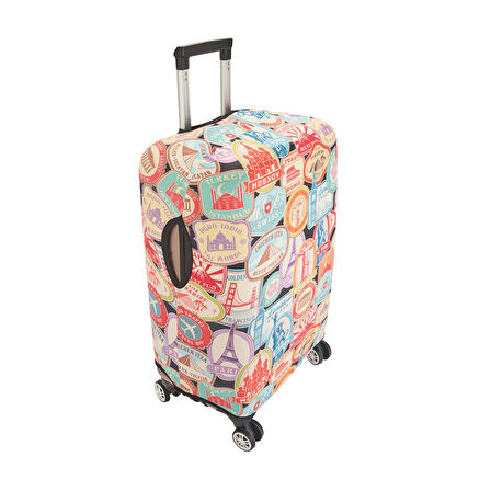 Mektup Pulu Baskılı Orta Boy Valiz Kılıfı - Renkli - 64x45x26 cm