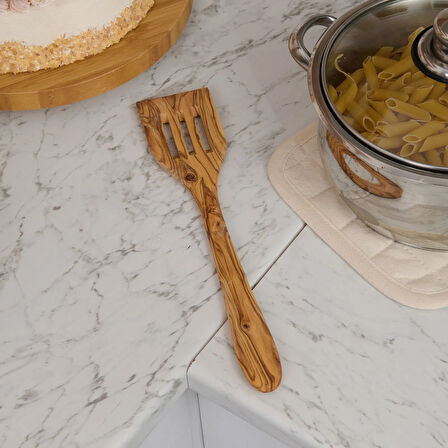 Zeytin Ağacı Delikli Spatula - Açık Kahverengi - 30 cm