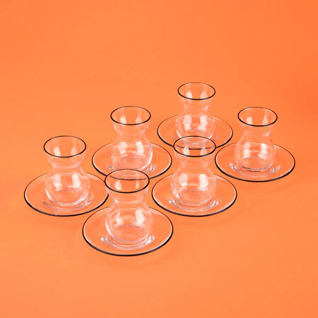 Pure Siyah Rimli 12 Parça Çay Bardak Takımı - Şeffaf / Siyah