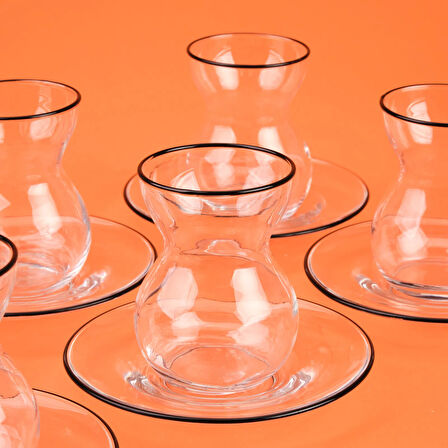 Pure Siyah Rimli 12 Parça Çay Bardak Takımı - Şeffaf / Siyah