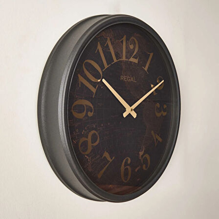 Dünya Haritalı Eskitme Metal Duvar Saati - Kahverengi - 51 cm