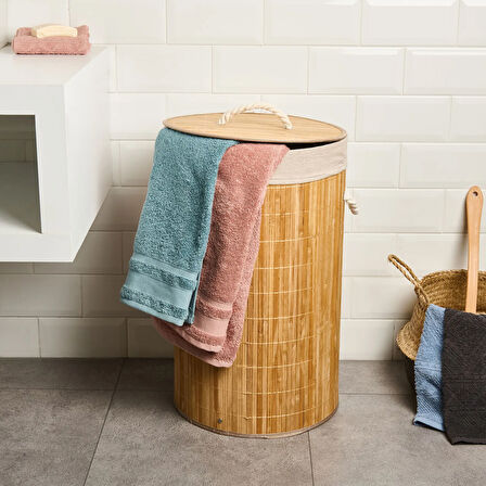 Living Katlanır Yuvarlak Bambu Kirli Çamaşır Sepeti - Bej - 60 lt