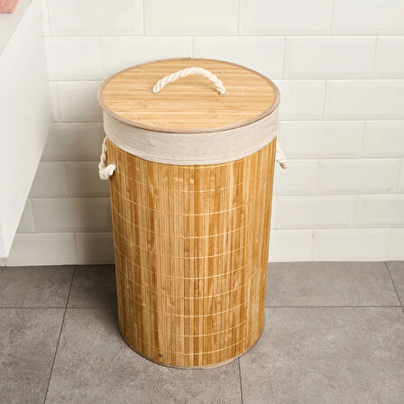 Living Katlanır Yuvarlak Bambu Kirli Çamaşır Sepeti - Bej - 60 lt