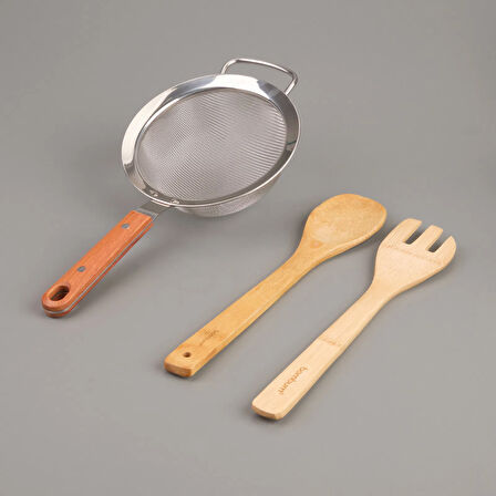 Ahşap Saplı Süzgeç - Gri / Kahverengi - 16 cm