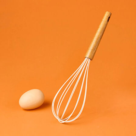 Ahşap Saplı Silikon Çırpıcı - Krem / Kahverengi - 24 cm
