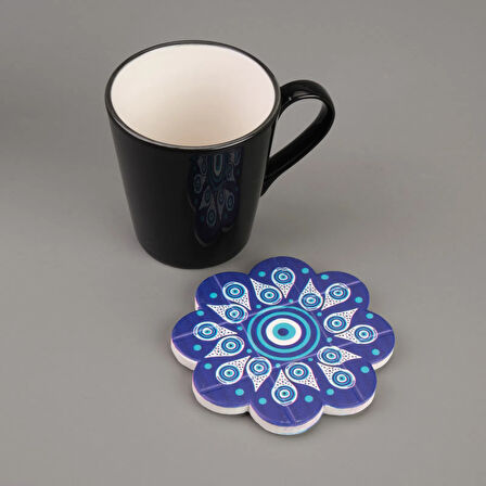 Baskılı Papatya Bardak Altlığı - Mavi / Beyaz - 10,5 cm