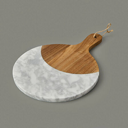 Kitchen Akasya Yuvarlak Sunum Tahtası - Kahverengi / Beyaz - 30x21 cm