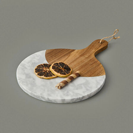 Kitchen Akasya Yuvarlak Sunum Tahtası - Kahverengi / Beyaz - 30x21 cm