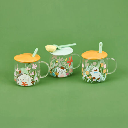 Kapaklı Kaşıklı Cam Kupa - Asorti