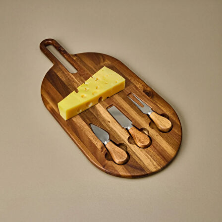 Akasya Bıçaklı Oval Peynir Sunum Tahtası - Kahverengi - 48x22 cm