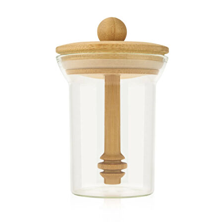Bambu Kaşıklı Bal Kavanozu - Şeffaf - 14,5 cm