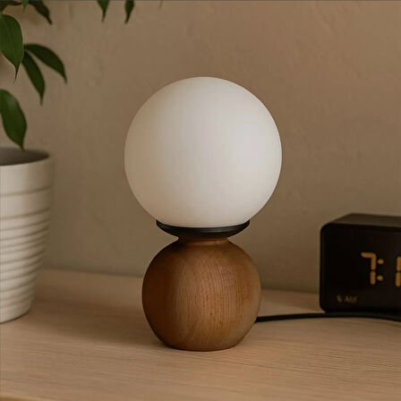 Lighting Opal Cam Top Abajur - Ceviz / Beyaz - 26x15x15 cm