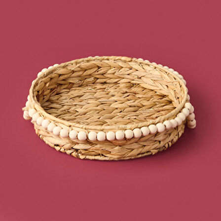 Boncuklu Su Sümbülü Dekoratif Tepsi - Bej - 33 cm