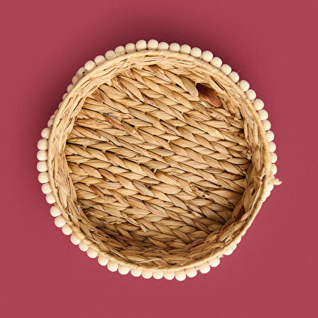 Boncuklu Su Sümbülü Dekoratif Tepsi - Bej - 33 cm
