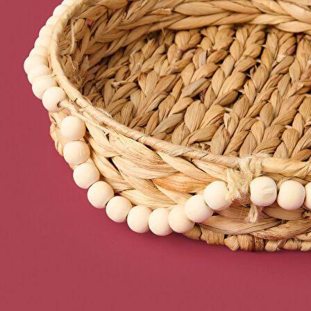 Boncuklu Su Sümbülü Dekoratif Tepsi - Bej - 33 cm