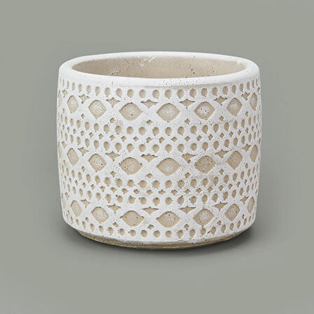 Dantel Güpür Desenli Beton Saksı - Beyaz - 14x12,5 cm