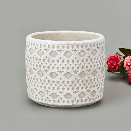 Dantel Güpür Desenli Beton Saksı - Beyaz - 14x12,5 cm