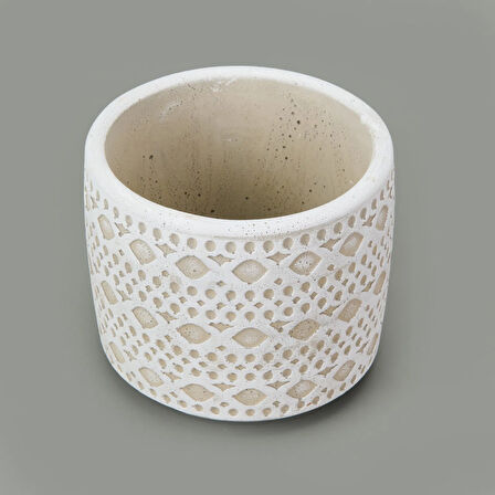Dantel Güpür Desenli Beton Saksı - Beyaz - 14x12,5 cm