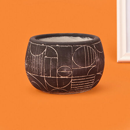 Boho Desenli Beton Saksı - Siyah - 14x12,5 cm