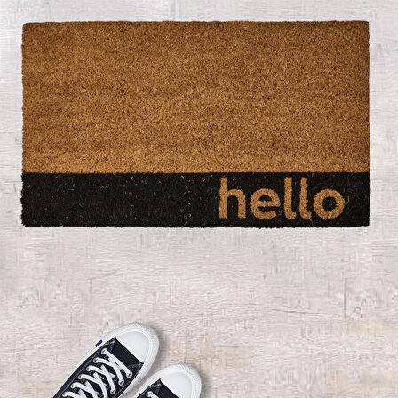 Home Bordürlü Hello Kapı Önü Paspası - Bej - 35x60 cm