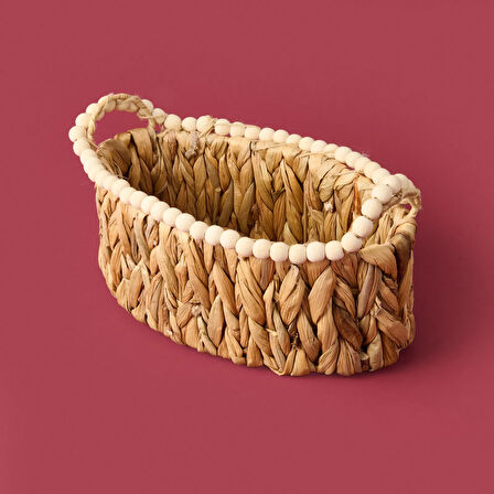 Boncuklu Hasır Sepet - Kahverengi - 33x20x12 cm