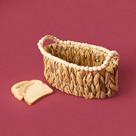 Boncuklu Hasır Sepet - Kahverengi - 33x20x12 cm