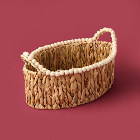Boncuklu Hasır Sepet - Kahverengi - 38x24x14 cm
