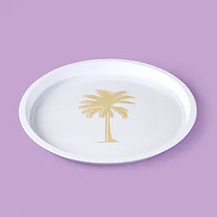 Palm Desenli Yuvarlak Tepsi - Krem / Kahverengi - 24x24 cm