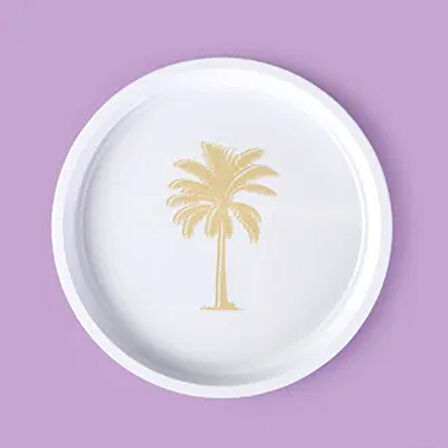 Palm Desenli Yuvarlak Tepsi - Krem / Kahverengi - 24x24 cm