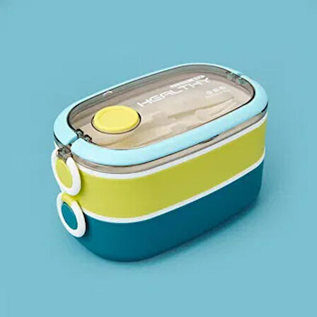 Healty İki Katlı Çelik Yemek Kabı - Sarı / Mavi - 1,3 lt