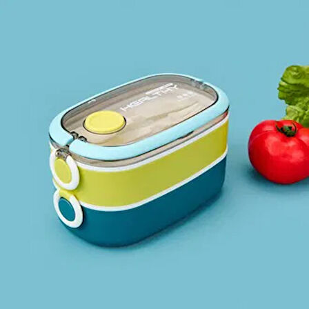 Healty İki Katlı Çelik Yemek Kabı - Sarı / Mavi - 1,3 lt