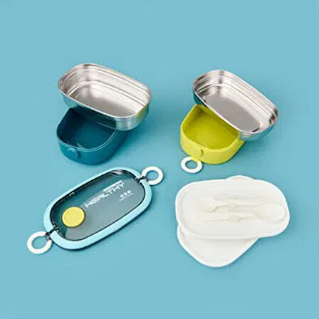 Healty İki Katlı Çelik Yemek Kabı - Sarı / Mavi - 1,3 lt