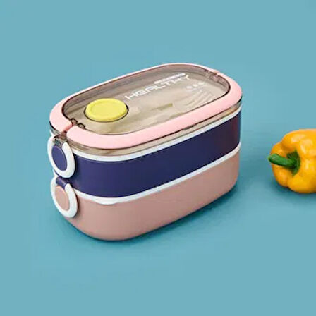 Healty İki Katlı Çelik Yemek Kabı - Mavi / Pembe - 1,3 lt