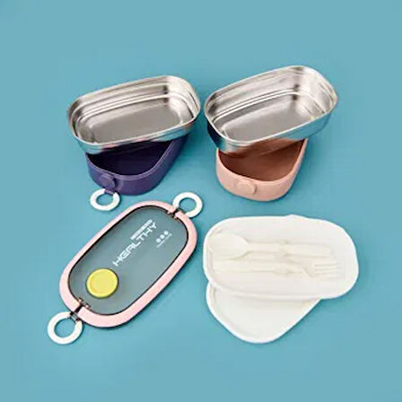 Healty İki Katlı Çelik Yemek Kabı - Mavi / Pembe - 1,3 lt