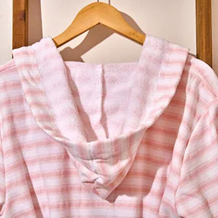 Soft Kapüşonlu Çizgili Kız Çocuk Bornoz - Beyaz / Pembe - L / XL